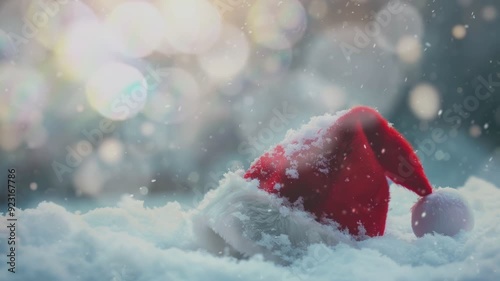 A red Santa hat on snow with a Christmas snowfall winter