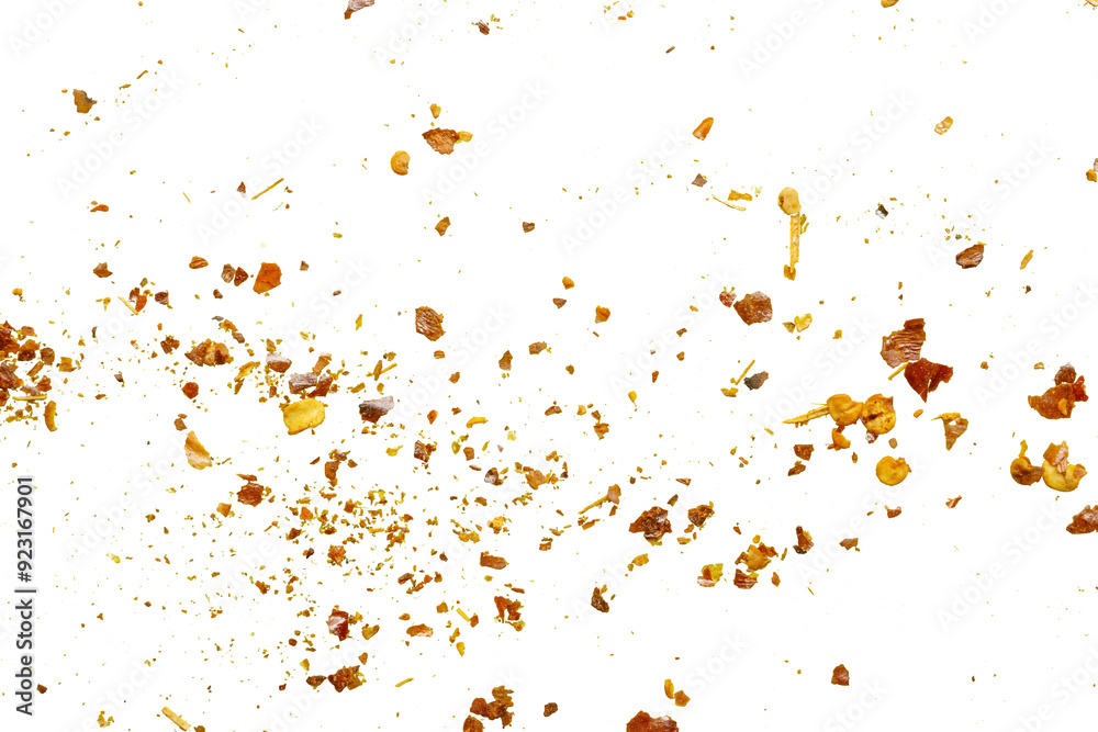 dried red chili pepper flakes and seeds isolated on white background dried red chili pepper flakes and seeds isolated on white background