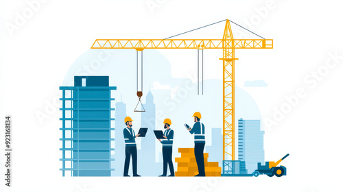 Construction site illustration with workers collaborating, crane lifting materials, and buildings nearby, symbolizing teamwork and progress. photo