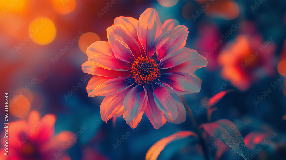 A colorful flower with a yellow center and orange petals. The flower is surrounded by other flowers, creating a vibrant and lively scene A colorful flower with a yellow center and orange petals. The flower is surrounded by other flowers, creating a vibrant and lively scene