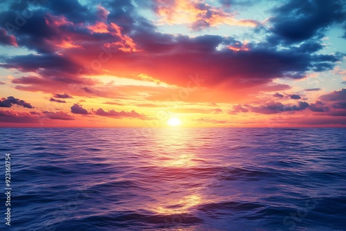 Generative AI Image of Sunset Sunrise Clouds Sky at Beach Sea Waves with Sunlight Wallpaper