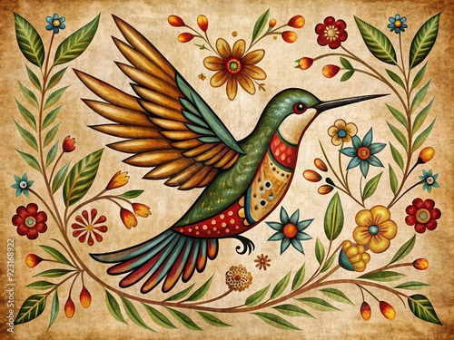 Historical depiction of a hummingbird in a traditional folk art style with earthy tones and simple lines photo