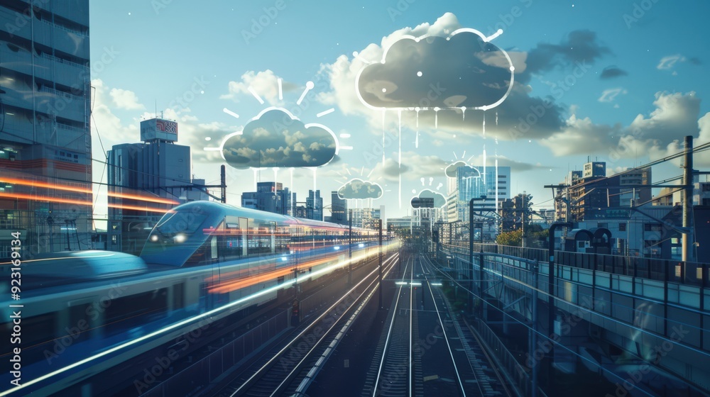 Fototapeta premium A train is traveling down a track with a city in the background