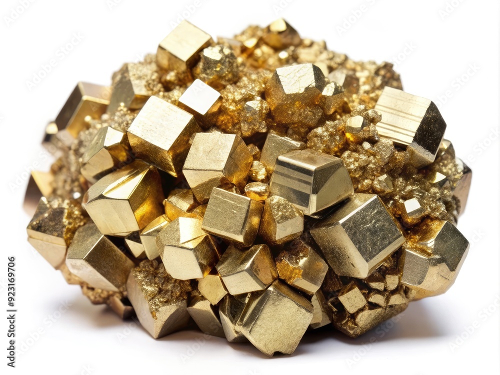 Sparkling golden pyrite crystal clusters isolated on a pure white background, showcasing its metallic luster and intricate cubical structure in high-contrast detail.