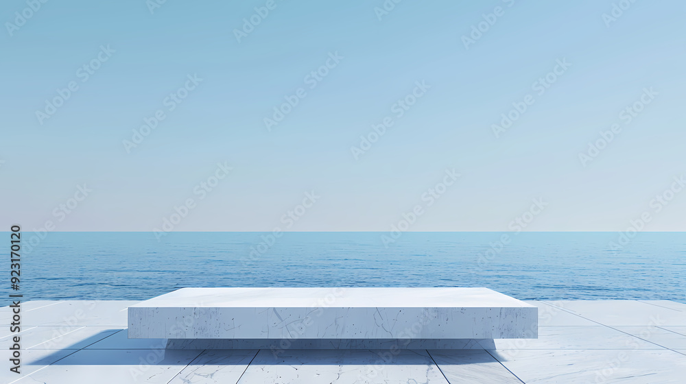 Obraz premium The white rectangular platform is placed on the vast sea