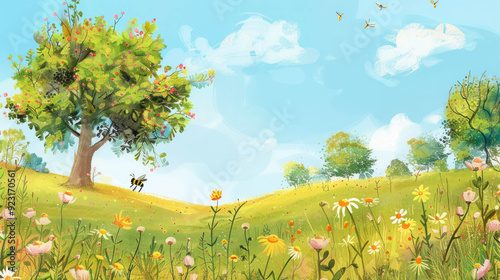 A literary-style illustration for a popular book, featuring a bee on a grassland with flowers, trees, blue sky, AI Generative photo