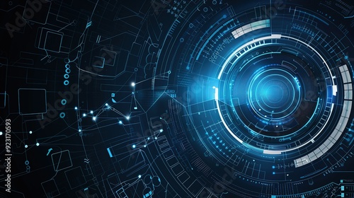 Abstract digital technology background with glowing blue lines and circles.
