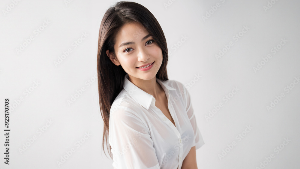 Portrait of a happy woman, her eyes meeting the camera with a self-assured smile, set against a neutral backdrop. Portrait of a happy woman, her eyes meeting the camera with a self-assured smile, set against a neutral backdrop.