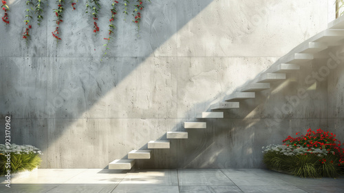 an empty minimalist concrete wall with stairs and a candellier in a contemporary villa, ultra-realistic, bright, AI Generative photo