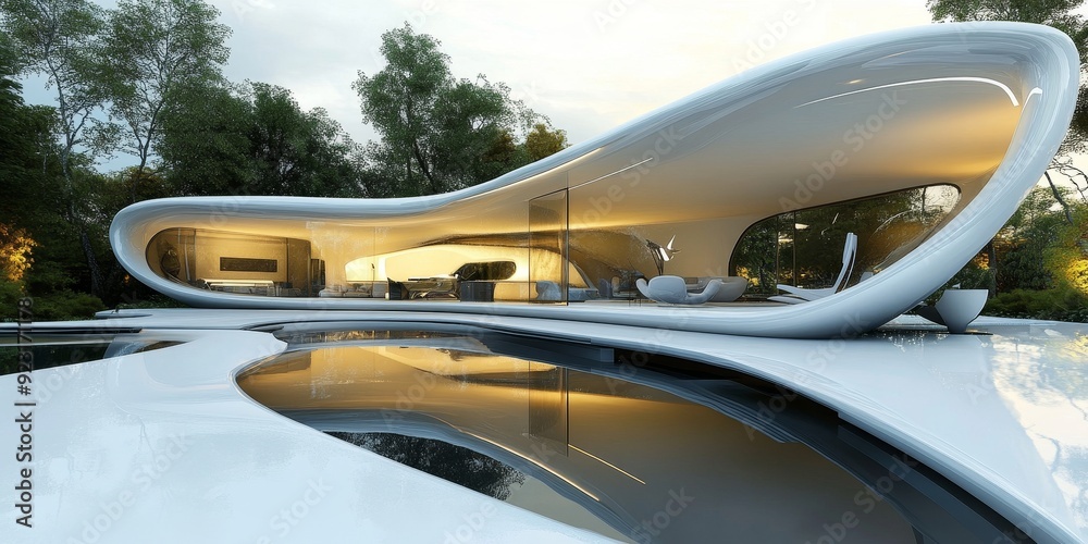 Obraz premium A high-tech, futuristic home with smart technology, automated systems, and sleek, modern design elements seamlessly integrated into a comfortable, advanced living space