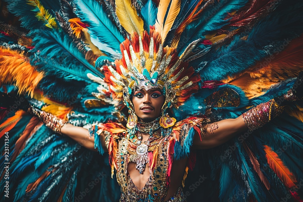 Fototapeta premium A vibrant performer showcasing a stunning feathered costume at a cultural festival in a lively urban setting during daytime. Generative AI