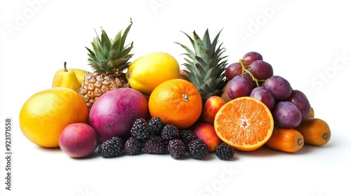 A vibrant assortment of tropical fruits, beautifully arranged and isolated on a crisp white background