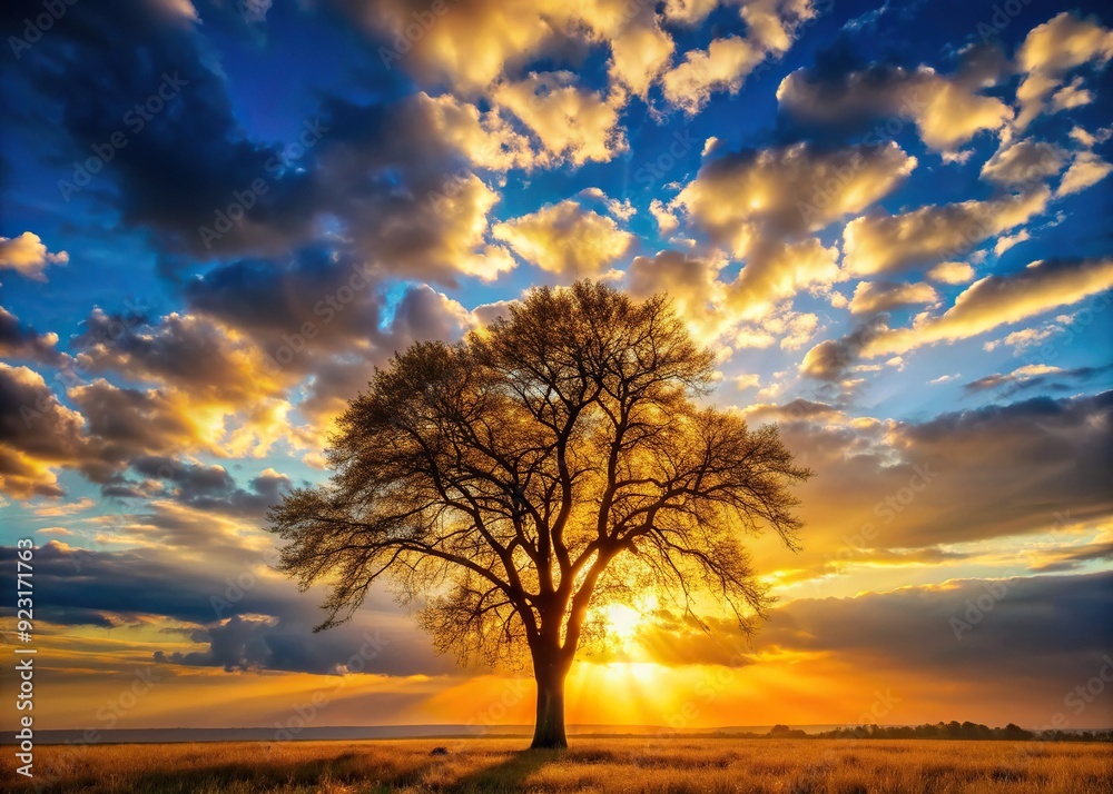 Golden sunset casts a warm backlight on a lone tree's silhouette, accentuating its delicate branches against a vibrant blue sky with soft, fluffy clouds. Golden sunset casts a warm backlight on a lone tree's silhouette, accentuating its delicate branches against a vibrant blue sky with soft, fluffy clouds.