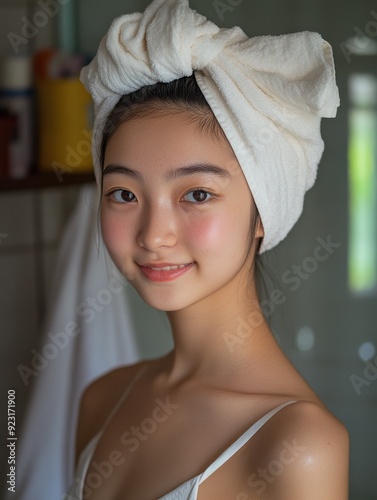 Smiling Asian woman wrapped in a white towel stands next to a glass door in a light-filled bathroom, with a soft brown wall behind her. photo