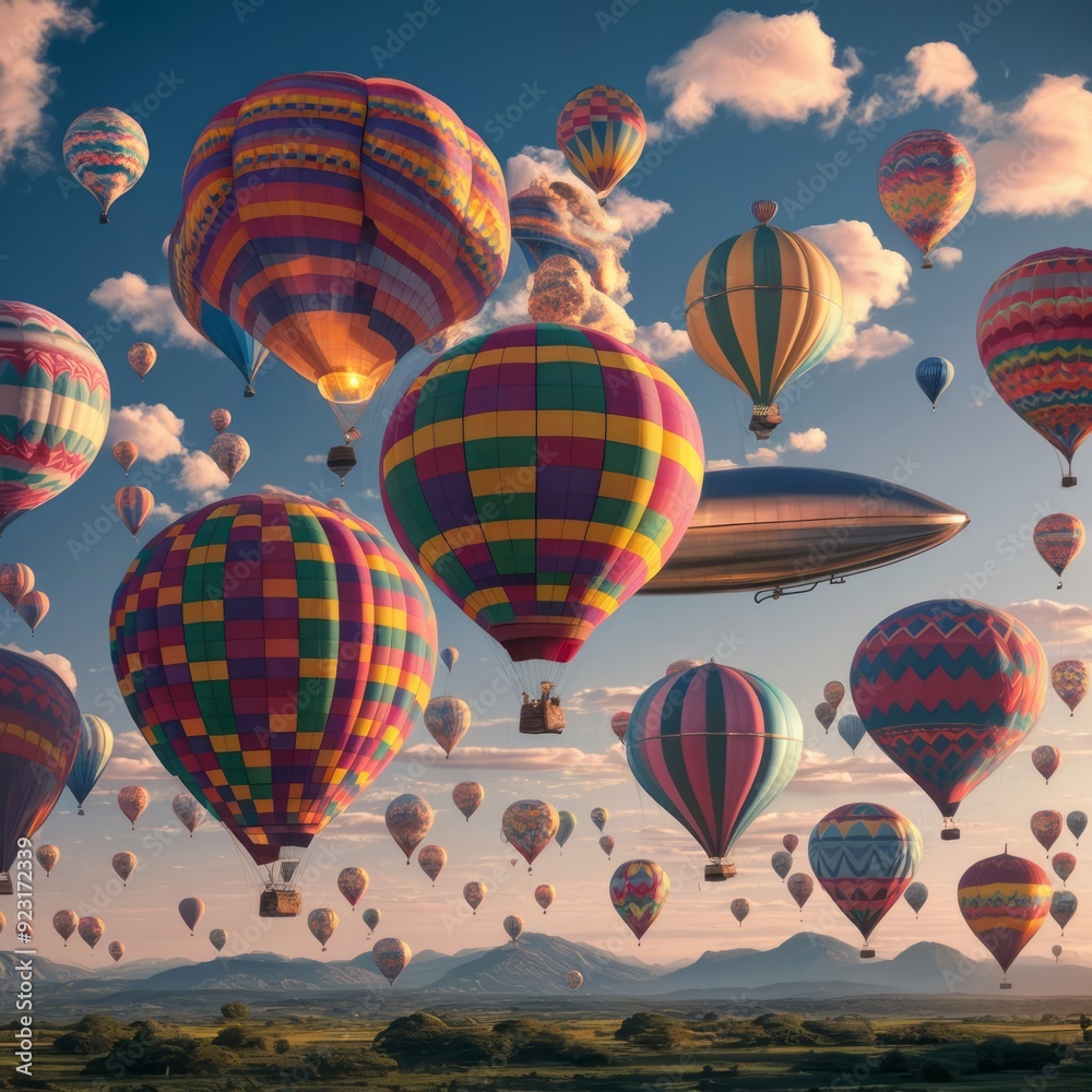 Fototapeta premium Many hot air balloon in the blue sky over the plain with mountain range in the background