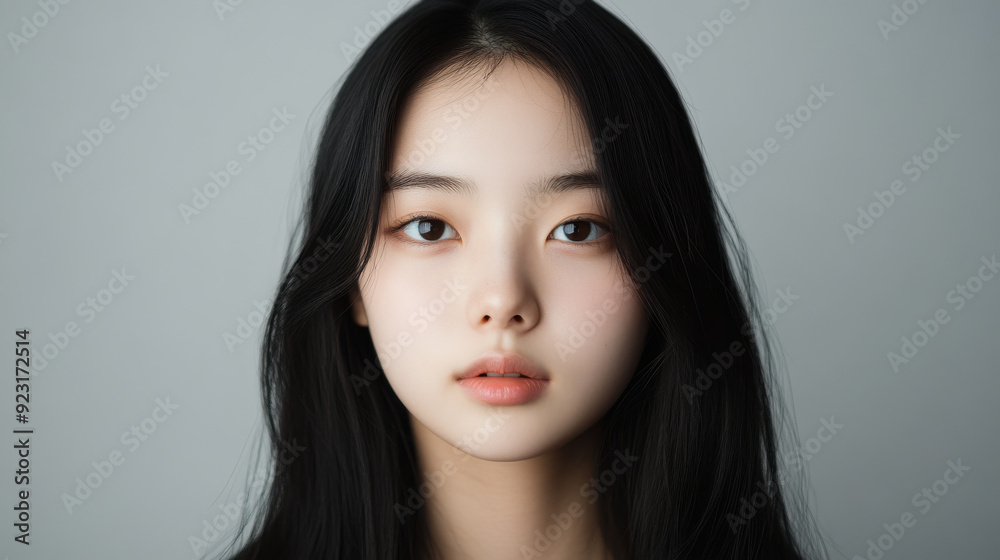Studio portrait of a Korean teenager with a round, symmetrical face and pure, unblemished skin. The 