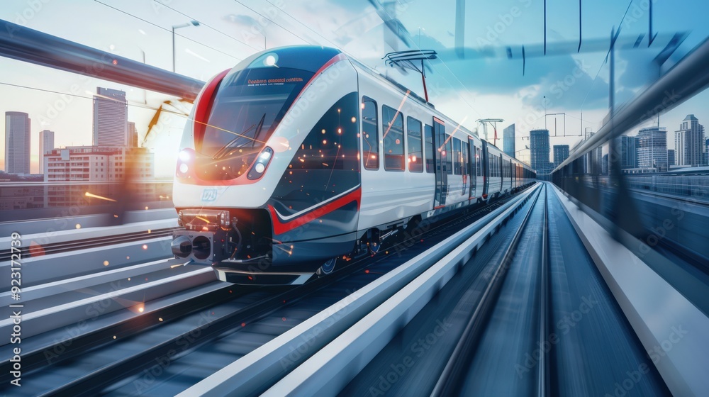 Fototapeta premium A train is traveling down a track with a city in the background