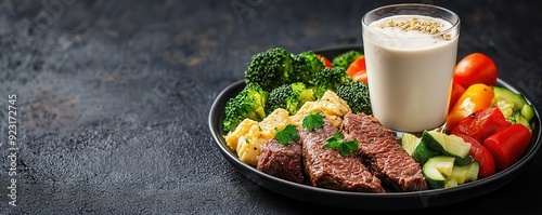 A meal consisting of lean beef, vegetables, and a whey protein shake, Balanced Nutrition, showcasing a wellrounded approach to protein consumption photo