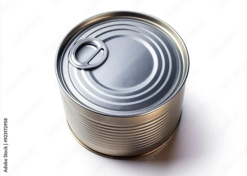 Metallic silver can with a rounded lid and ridged edges, viewed from directly above, isolated on a pure white background with subtle shadows. Metallic silver can with a rounded lid and ridged edges, viewed from directly above, isolated on a pure white background with subtle shadows.