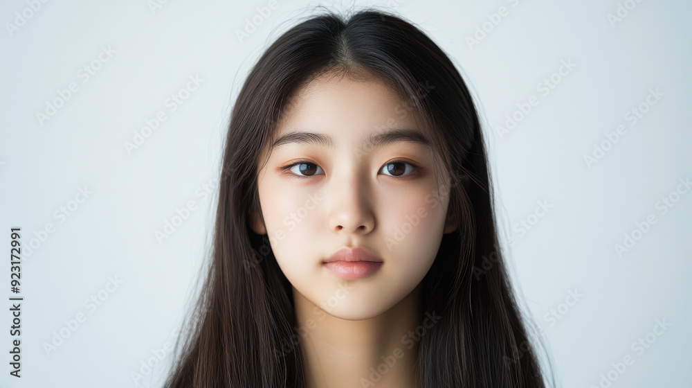 Studio portrait of a Korean teenager with a round, symmetrical face and pure, unblemished skin. The Studio portrait of a Korean teenager with a round, symmetrical face and pure, unblemished skin. The