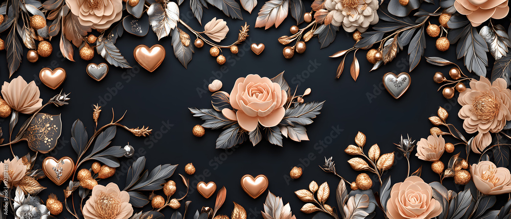 Fototapeta premium A beautiful floral design with black, gold, pink gold, heart and leaf elements on black background, minimal combine with art deco 3d illustration
