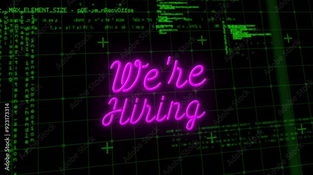 We're Hiring text animation over green coding and grid background We're Hiring text animation over green coding and grid background