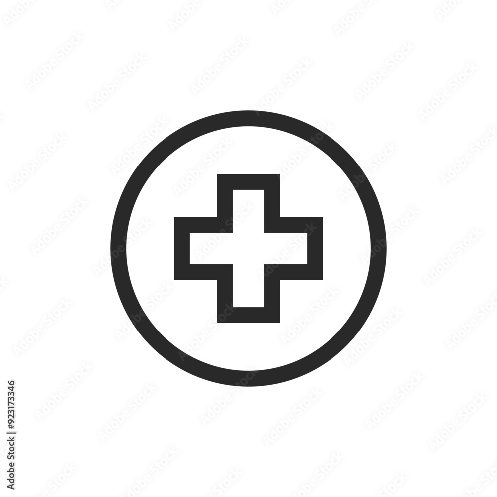Outlined black medical cross in a circle isolated on white background. Health sign. Vector icon in flat style Outlined black medical cross in a circle isolated on white background. Health sign. Vector icon in flat style