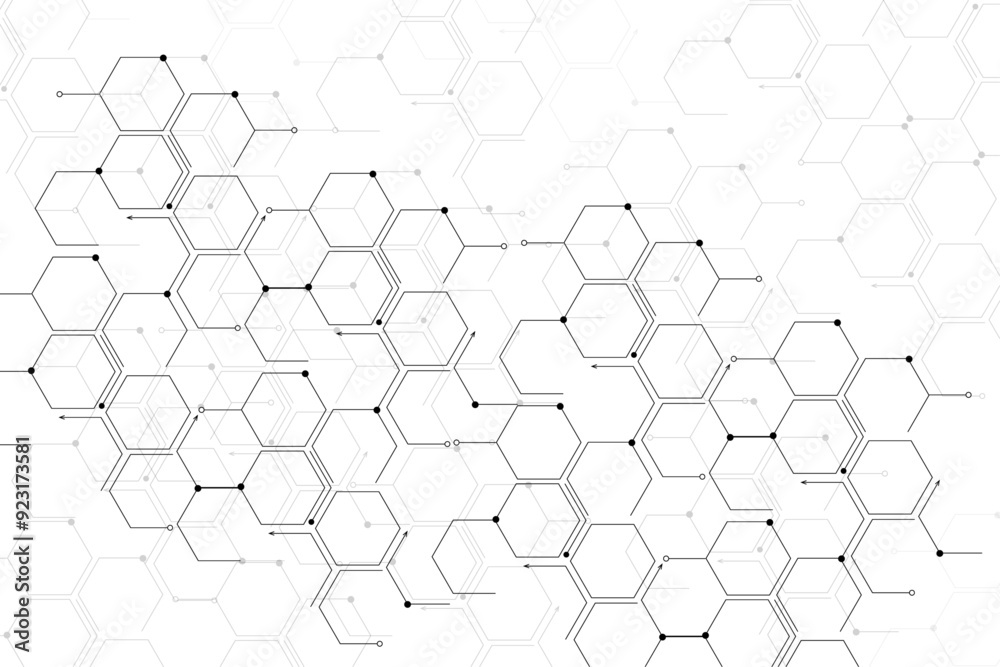 Abstract black connecting hexagons with arrows and dots Abstract black connecting hexagons with arrows and dots