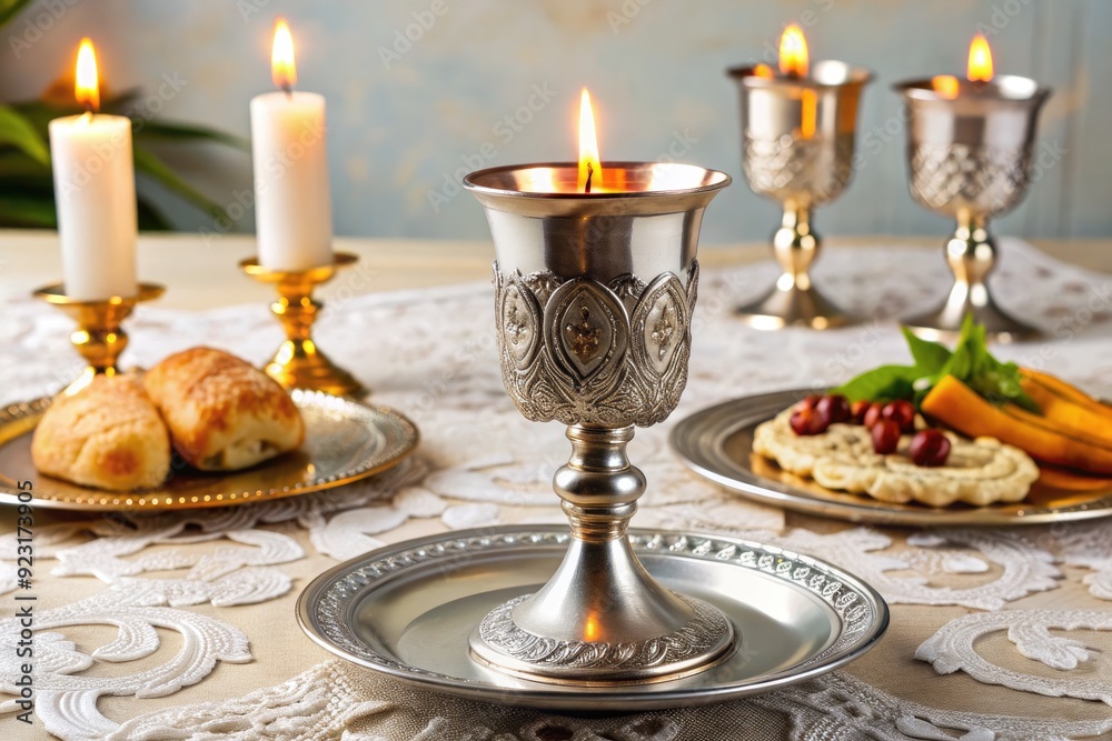 Elegant sterling silver Kiddush cup adorned with intricate etchings and patterns on a white tablecloth, surrounded by Paschal candles and a Seder plate. Elegant sterling silver Kiddush cup adorned with intricate etchings and patterns on a white tablecloth, surrounded by Paschal candles and a Seder plate.