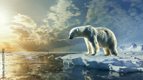 photograph depicting a polar bear, the right half of which stands on an ice floe against a background of cloudy skies and snow-covered expanses, AI Generative photo