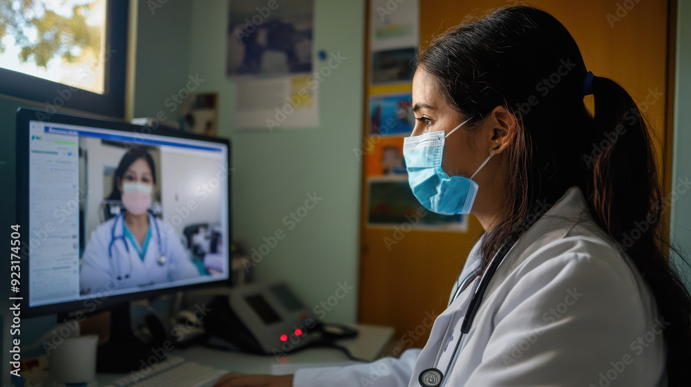 Naklejka premium Telehealth expansion in Chile: Nurses conducting remote health consultations,