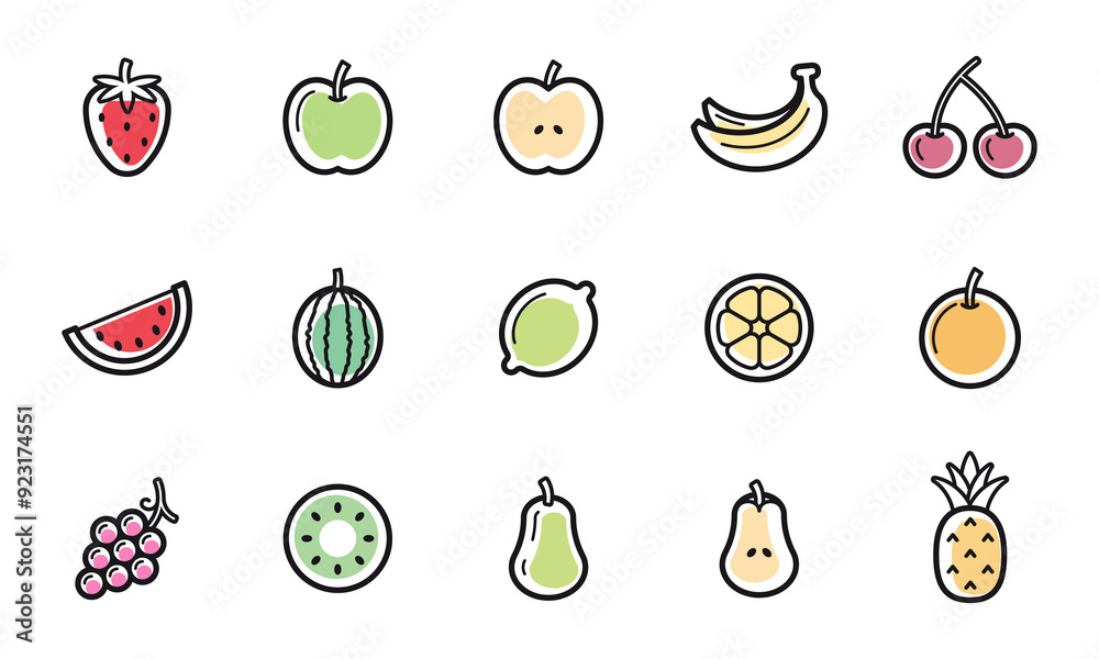Set of fruit icons. Food symbol elements for cards, menus, web, apps, flyer, poster. PNG. Set of fruit icons. Food symbol elements for cards, menus, web, apps, flyer, poster. PNG.