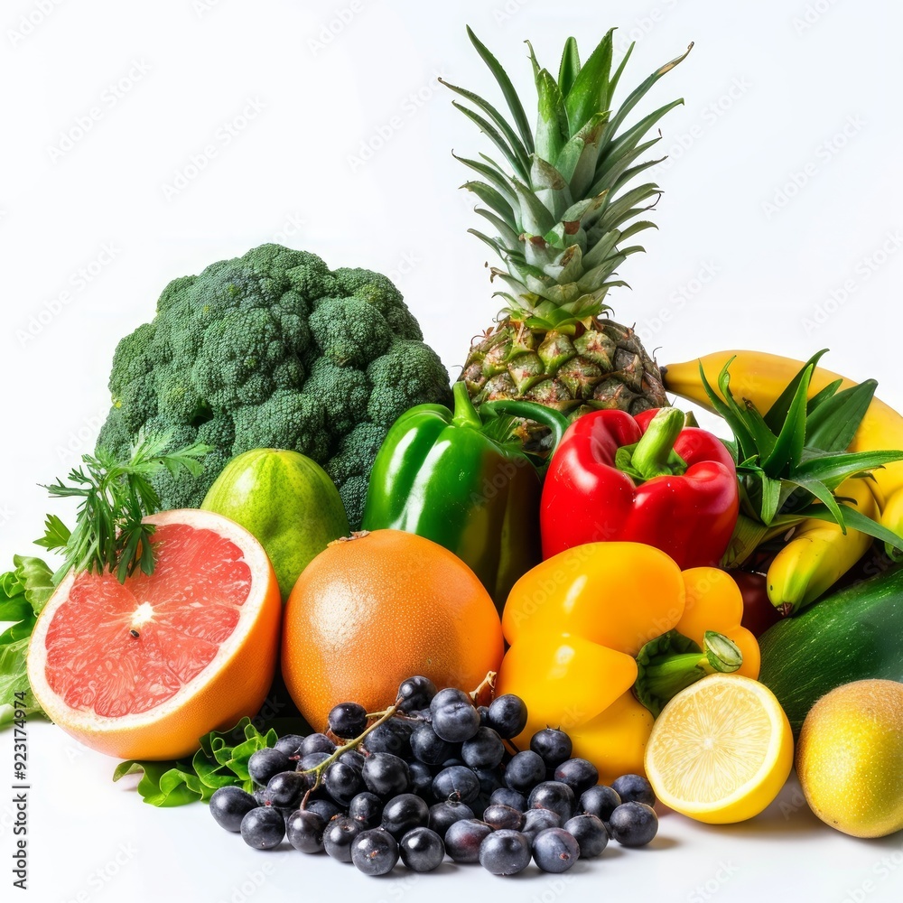 Group of fresh fruits and vegetables isolated on white background, Tropical fruits for eating healthy and dieting