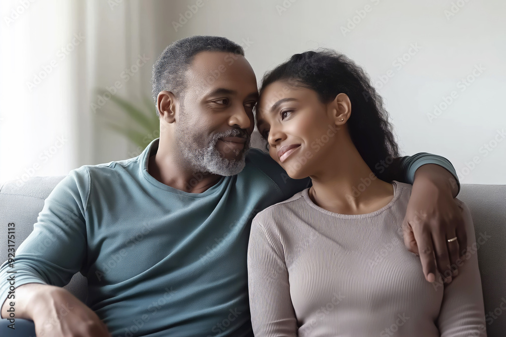 Middle aged couple is relaxing on the couch at home, enjoying each other's company