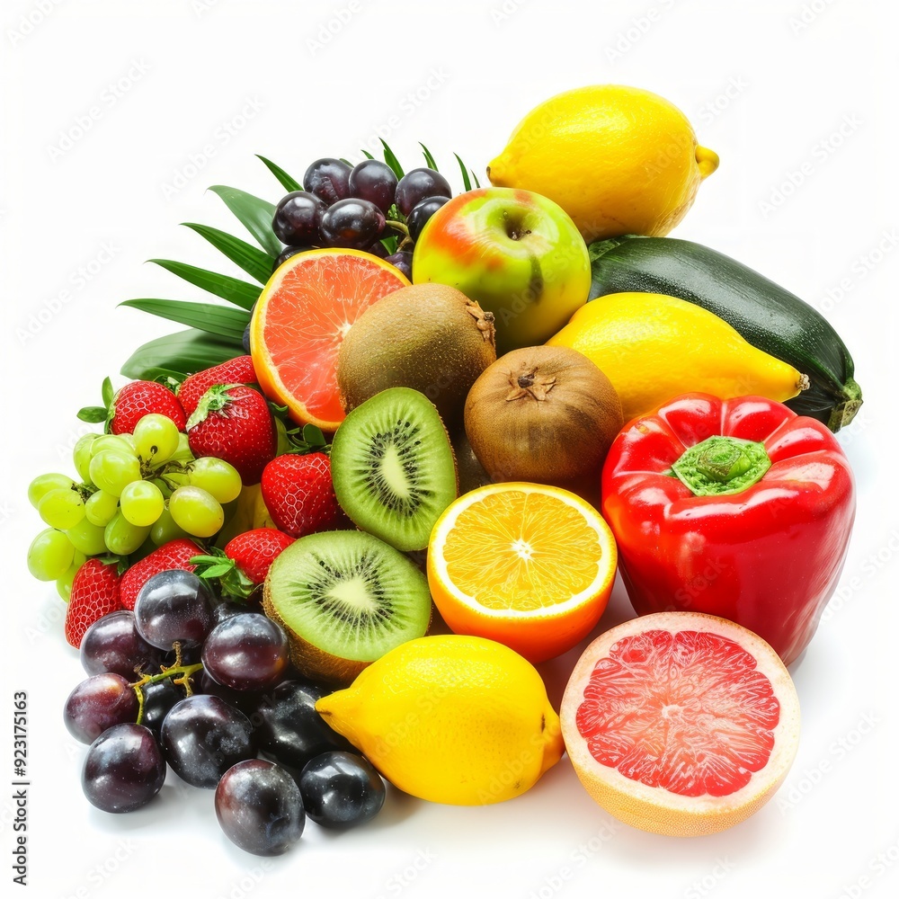 Group of fresh fruits and vegetables isolated on white background, Tropical fruits for eating healthy and dieting Group of fresh fruits and vegetables isolated on white background, Tropical fruits for eating healthy and dieting
