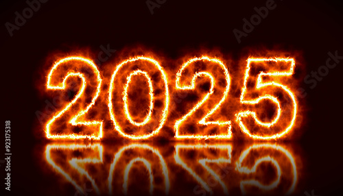 Illustration of an abstract fire with the year 2025 on a reflective floor - represents the new year - happy new year concept.