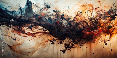 Ink-Stained Canvas: Calligraphic Strokes, Fluid Flow, Intense Darkness, Expressive Vitality photo