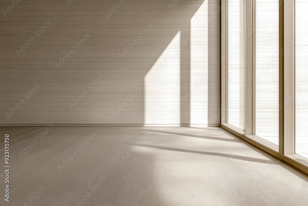 Obraz premium Empty living room luxury interiors in warm tones, with no decoration or furniture, a large window and contrasting shadows. Premium realty interior design composition.
