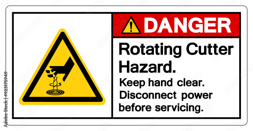 Danger Rotating Cutter Hazard Keep hand clear Disconnect power before servicing Symbol Sign ,Vector Illustration, Isolate On White Background Label. EPS10 Danger Rotating Cutter Hazard Keep hand clear Disconnect power before servicing Symbol Sign ,Vector Illustration, Isolate On White Background Label. EPS10
