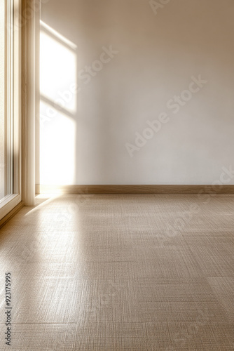 Empty living room luxury interiors in warm tones, with no decoration or furniture, a large window and contrasting shadows. Premium realty interior design composition.