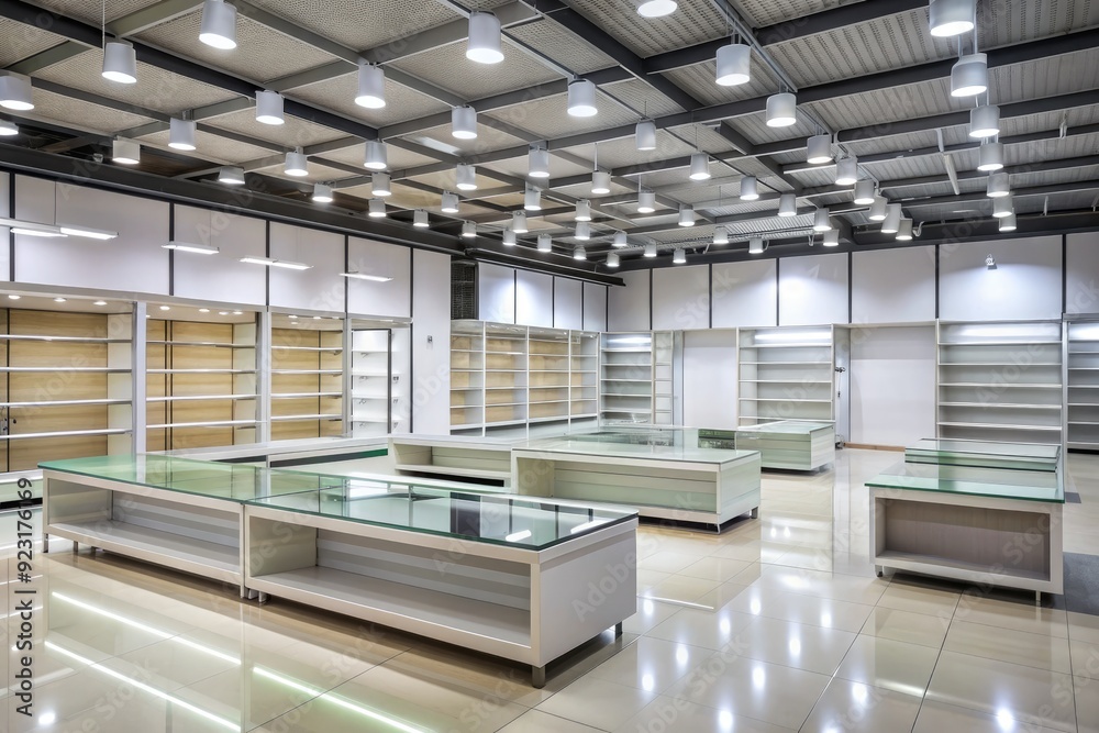 Empty retail space with rows of shelving units, vacant display cases, and a vacant checkout counter under fluorescent lighting, awaiting product and customer activity. Empty retail space with rows of shelving units, vacant display cases, and a vacant checkout counter under fluorescent lighting, awaiting product and customer activity.