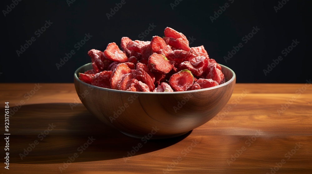 A photo of a bowl of dried strawberries