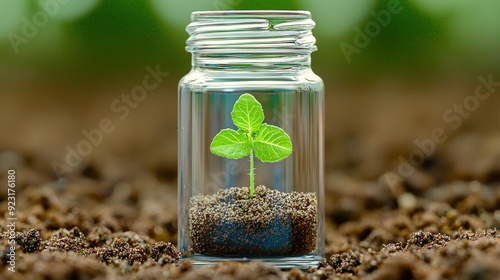 A vibrant green plant growing inside a transparent jar, symbolizing sustainability and new beginnings in nature. photo