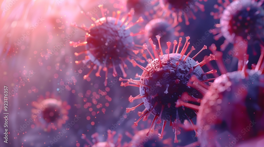 A close up of corona cell and the virus is surrounded by other viruses. A close up of corona cell and the virus is surrounded by other viruses.