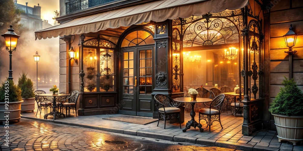 romantic Parisian café entrance with elegant closed sign illustration ...