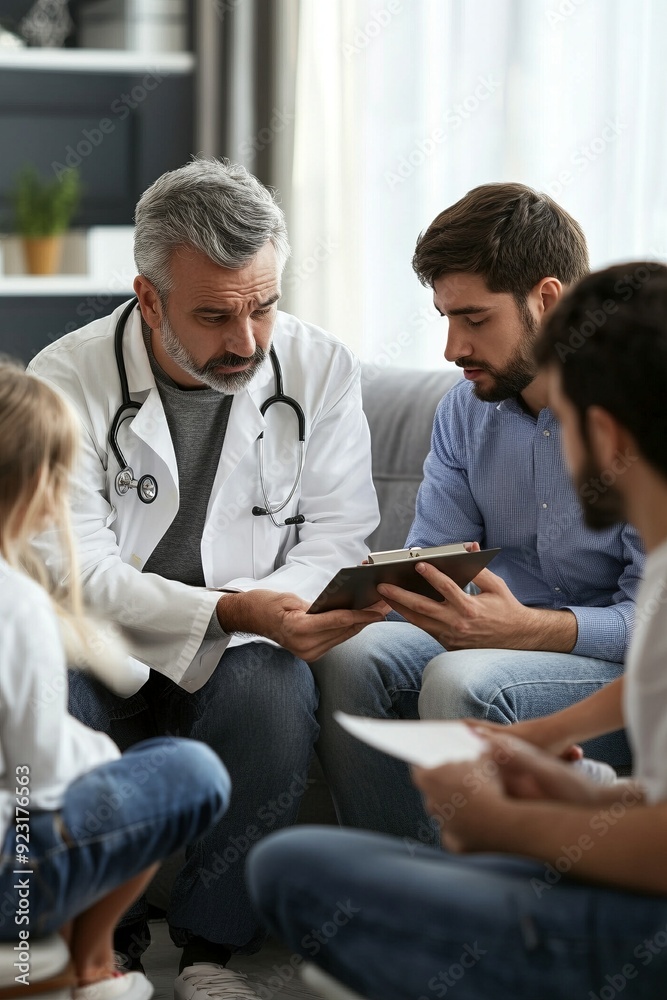 Médico discutiendo un diagnóstico con una familia, revisando información en una tableta en un ambiente hogareño, destacando la importancia de la atención médica y la comunicación en salud