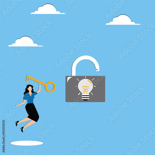 Businessman hold a golden key and unlock a light bulb