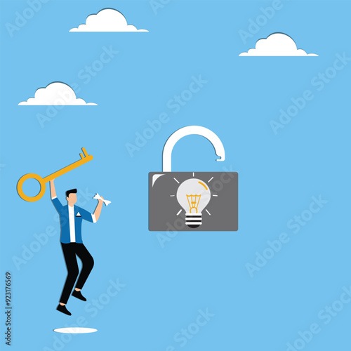 Businesswoman hold a golden key and unlock a light bulb