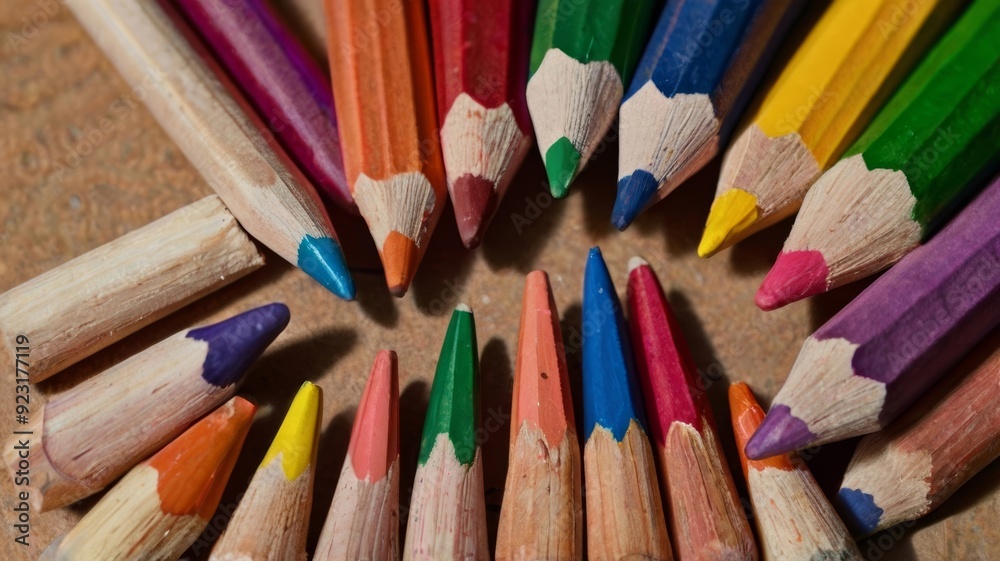 Directly above shot of multi colored pencils on table Directly above shot of multi colored pencils on table