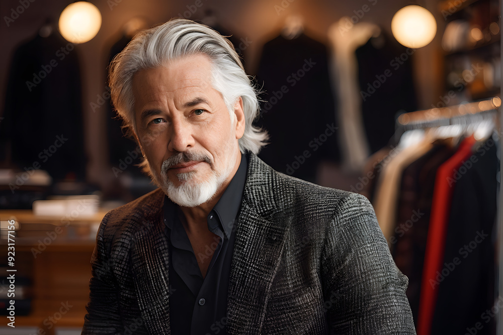 man with a beard and a suit jacket in a clothing store man with a beard and a suit jacket in a clothing store